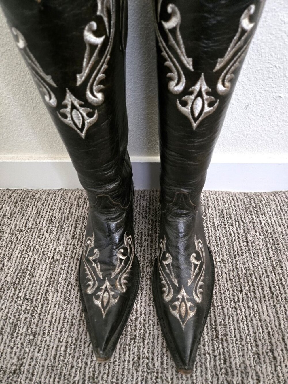 Vintage Old Gringo Gunmetal Black Boots with Silver Embroidery